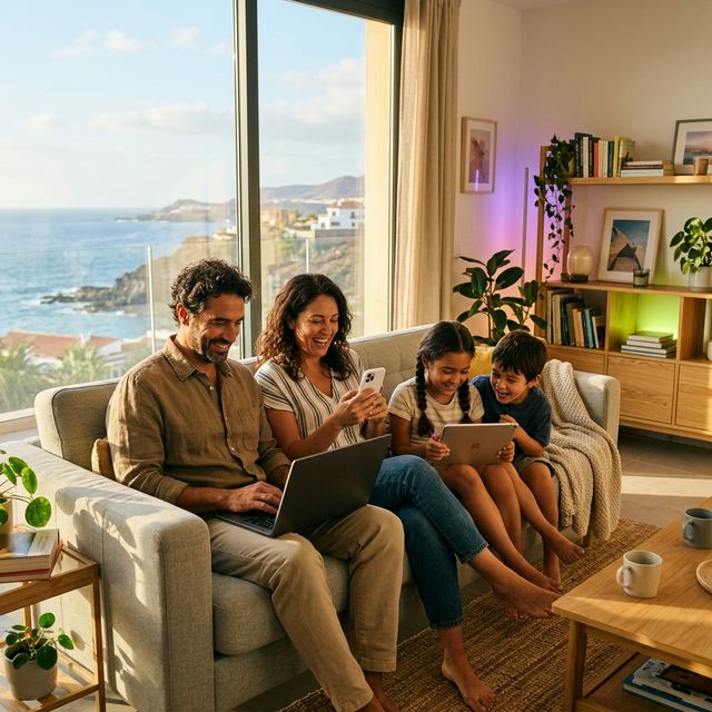 Familia canaria disfrutando de internet de alta velocidad con Canarias Telecom en su hogar