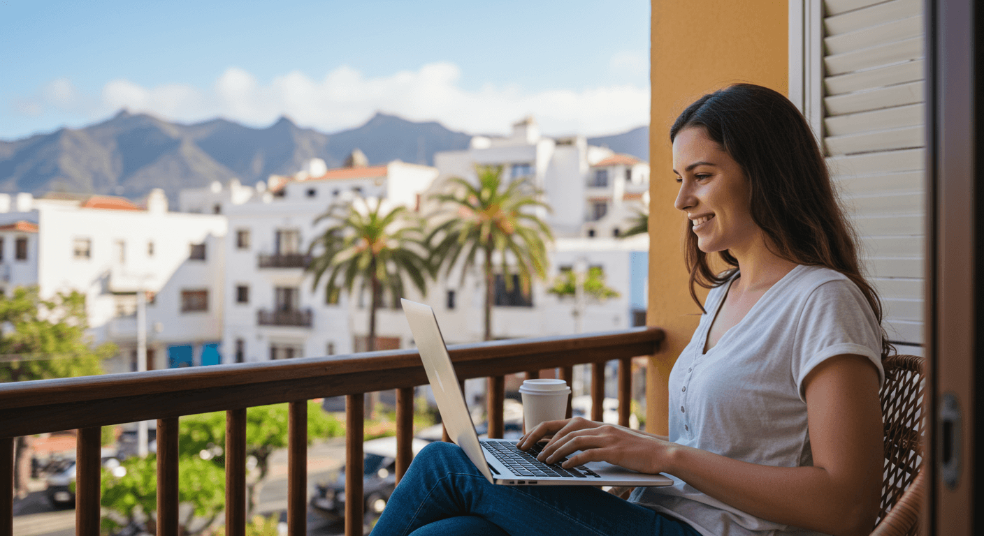 Vecina feliz en su balcón disfrutando de una conexión a internet fiable de Canarias Telecom.